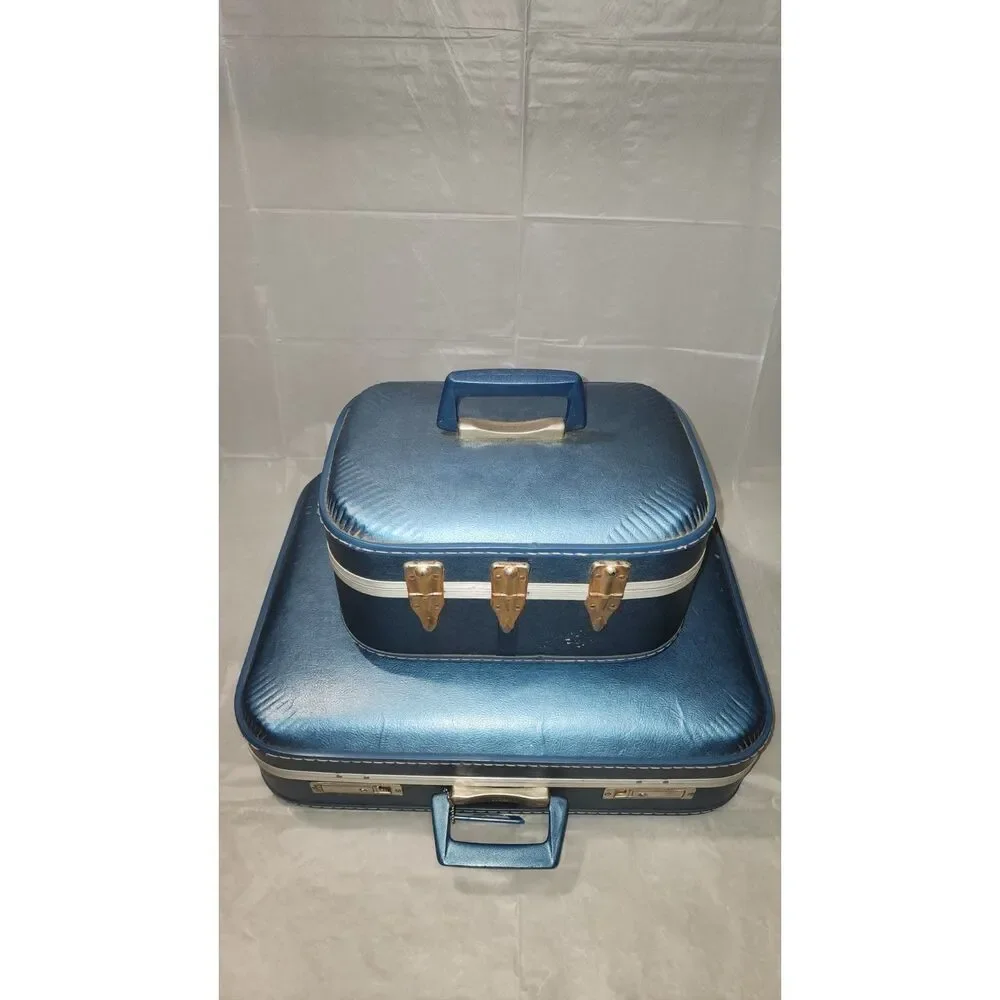 Vintage Blue 2 Piece Nesting Luggage Set with Train Case Mid Century